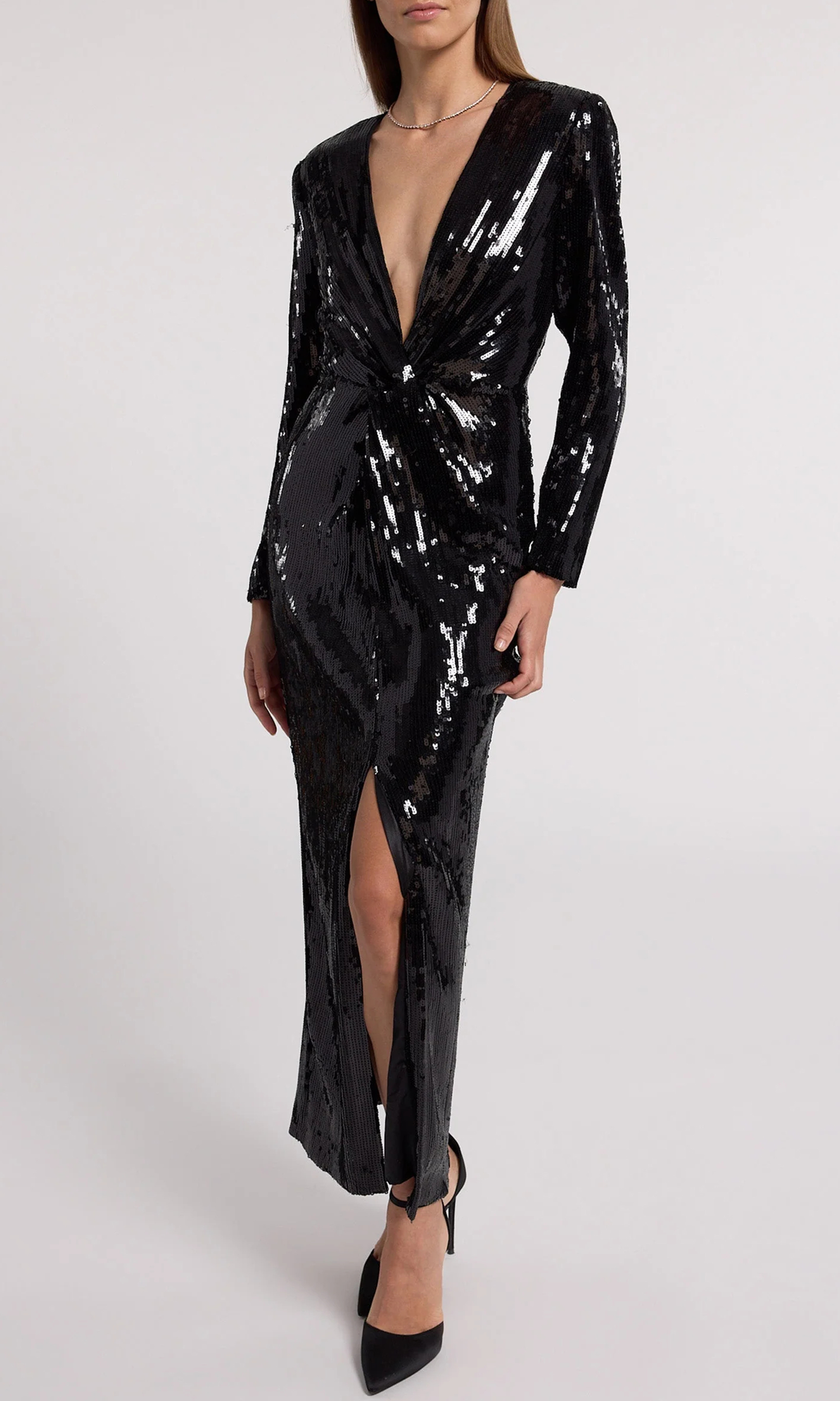 Deep V-neck Black Shiny Banquet Long Dress