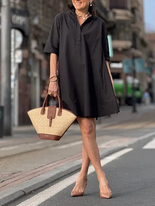 A Line Short Sleeve Solid Color Split Joint Lapel Mini Dress