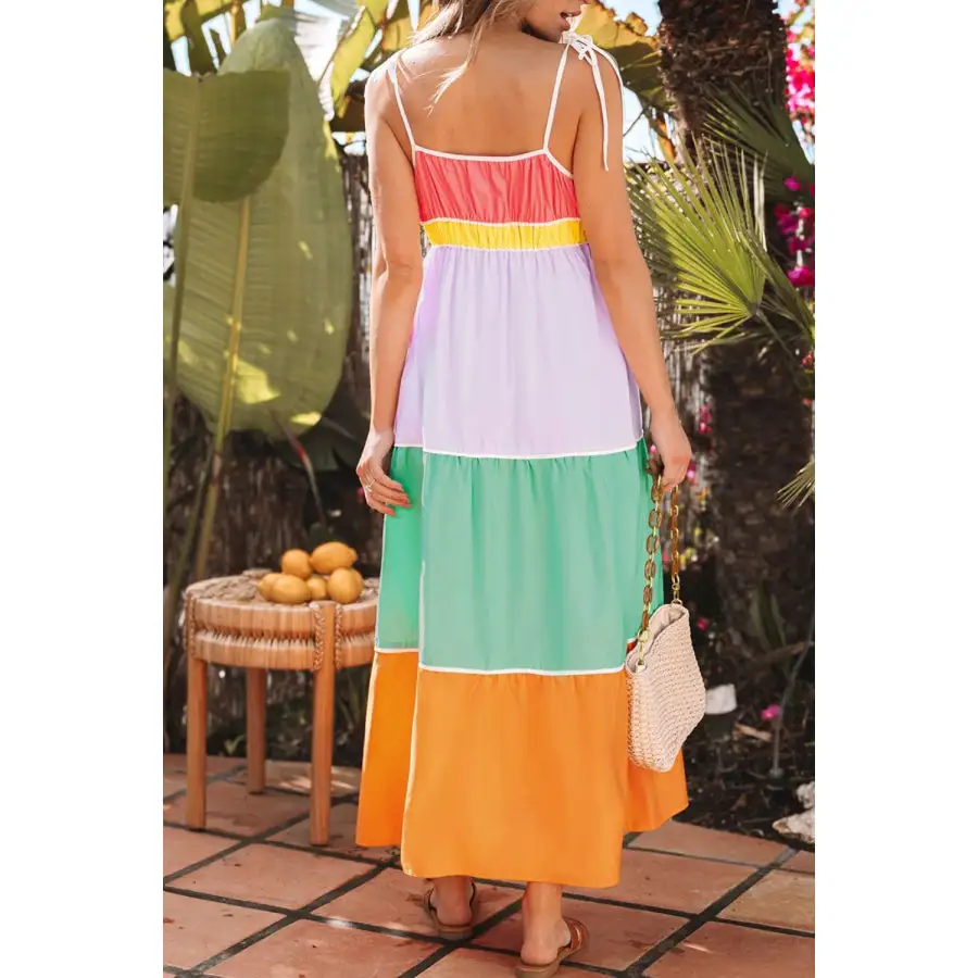 Block Flowy Tiered Maxi Dress with Pockets
