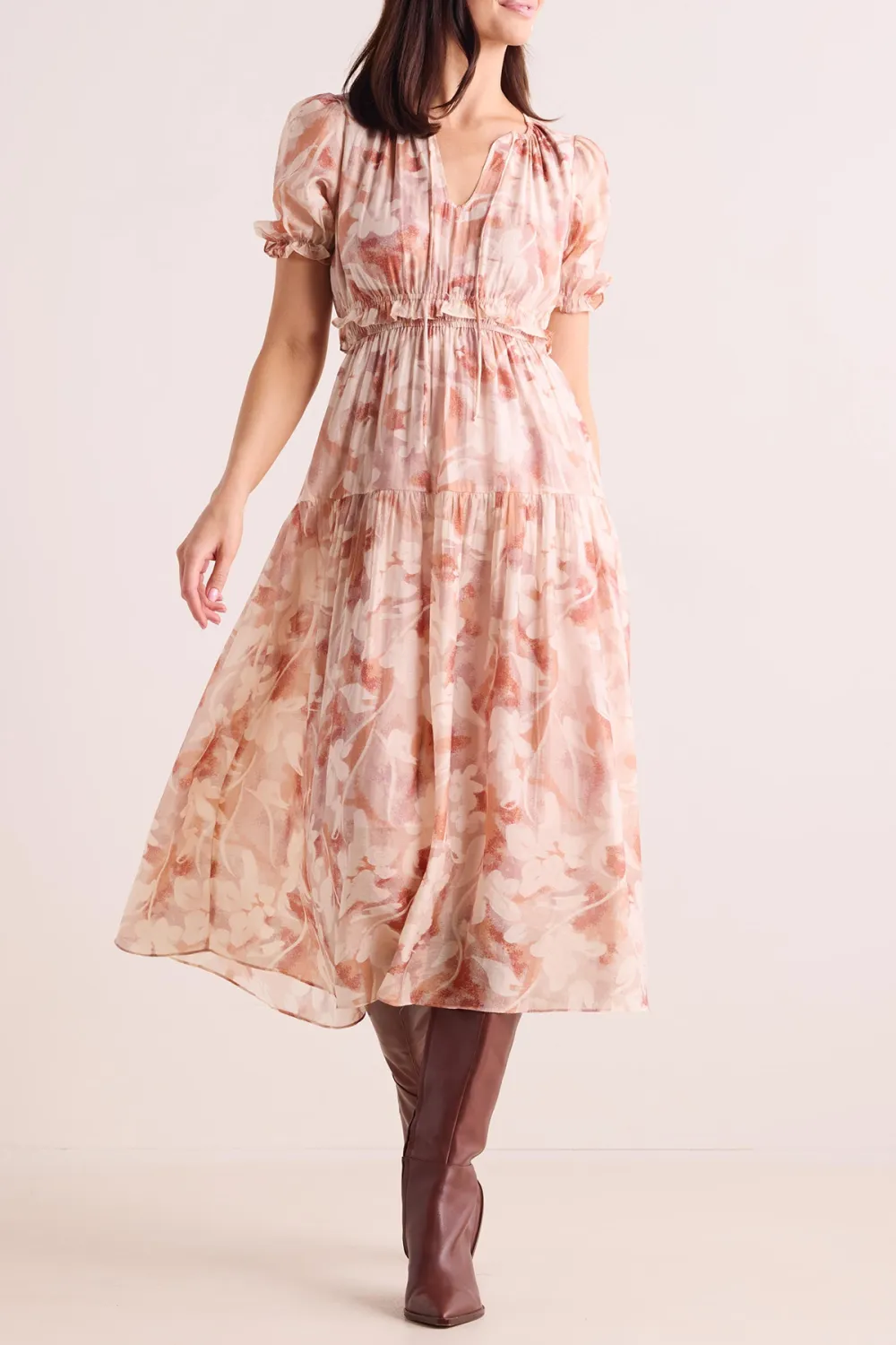 Nude Floral Print Tie-Waist Midi Dress