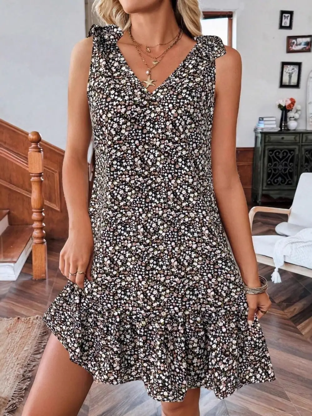Print Tie Strap Ruffle Hem Mini Dress