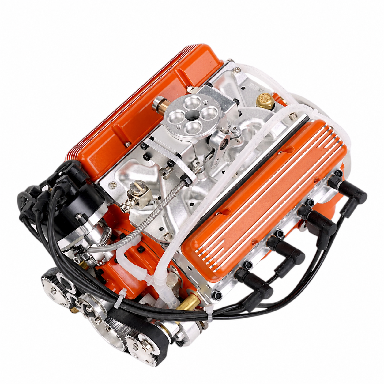 Overhead view: twin cylinder banks, intake components and hose routing.