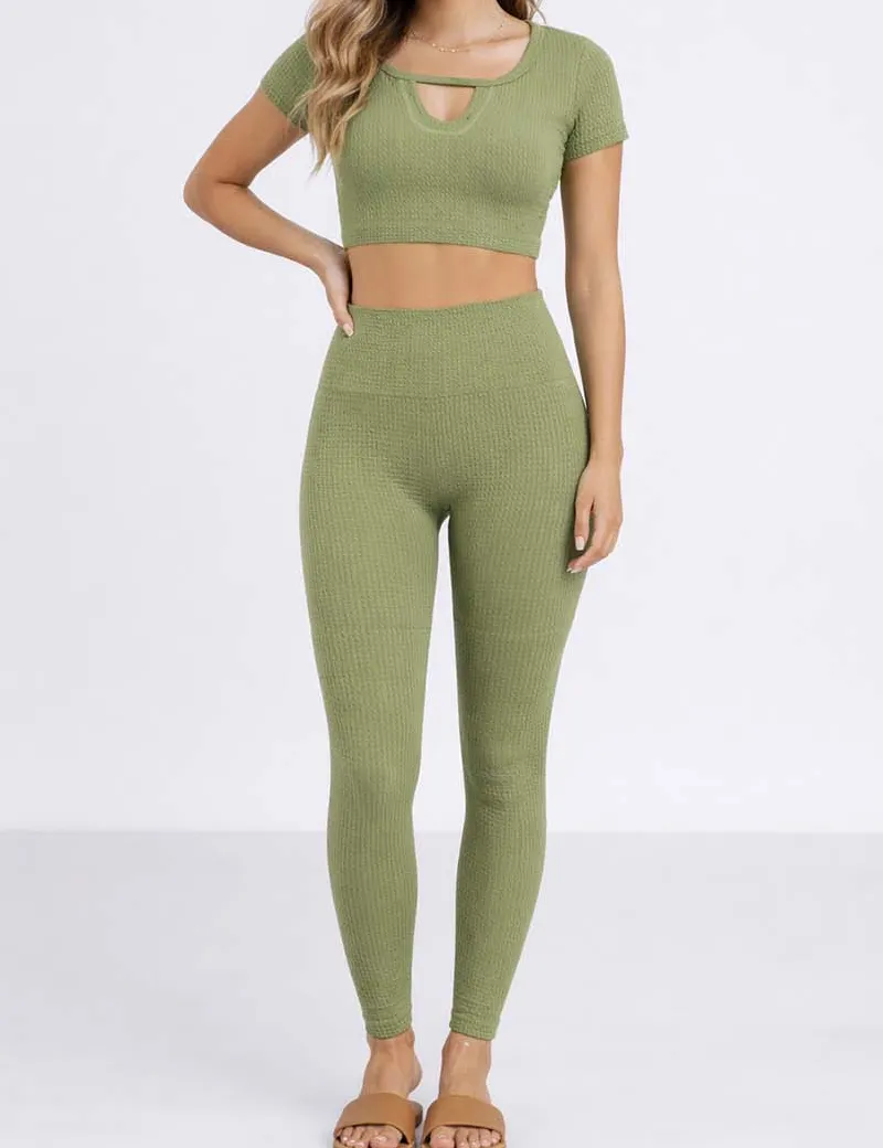 Casual Waffle Elastic Waist Solid Color Yoga Pants