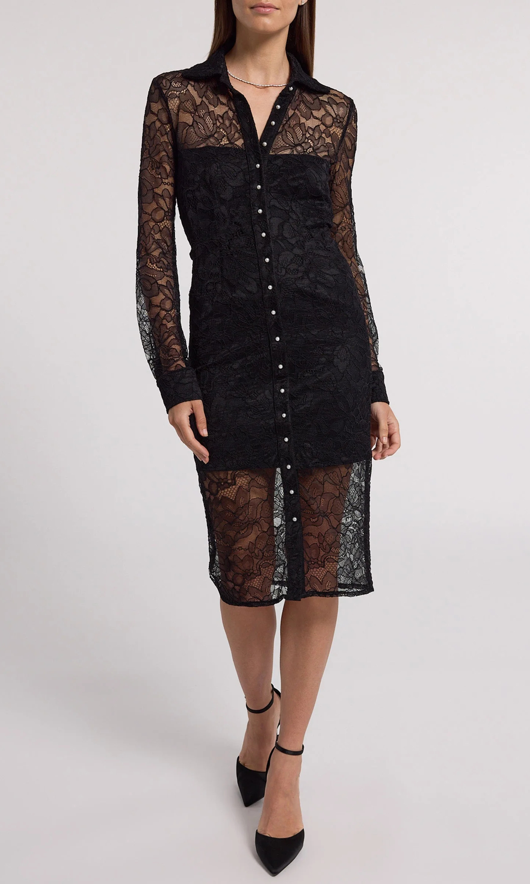 Lapel Long Sleeve Lace Panel Dress