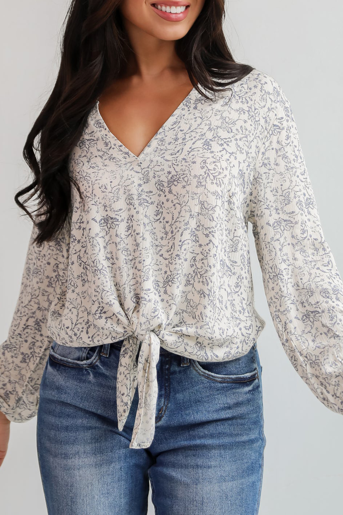 Decadently Sweet Cream Floral Tie-Front Blouse