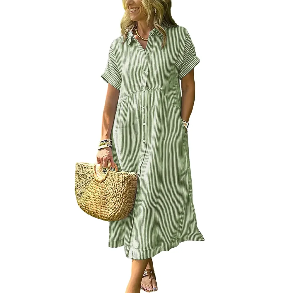 Women‘s Boho Striped Shirt Dress Button Down Loose Midi Dress with Pockets and Side Slit