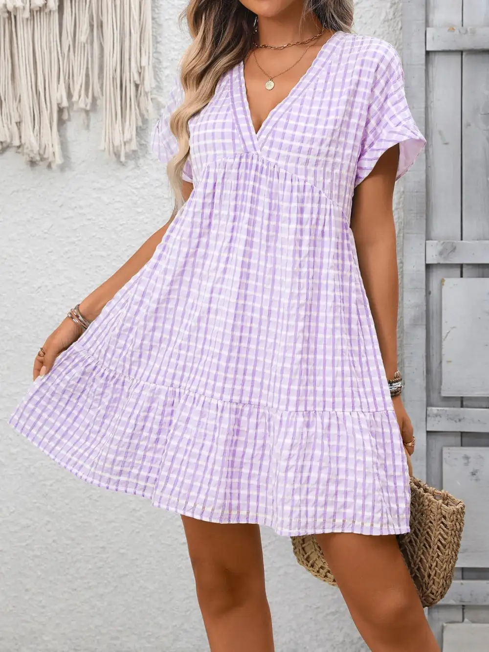 Plaid V Neck Ruffle Mini Dress