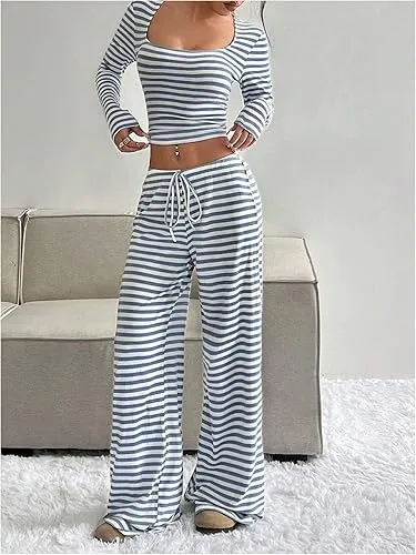 Women's Slouchy Square Neck Stripe Long Sleeve Crop Top & Low-Rise Wide Leg Trousers Co-ord, Minimalist Two Piece Outfits