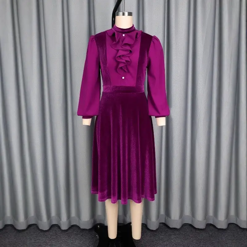 Ruffle Trim Long Sleeve A Line Dress