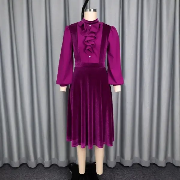 Ruffle Trim Long Sleeve A Line Dress