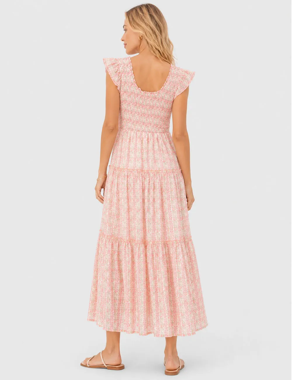 Ruffle Sleeves Tiered Hem Smocked Maxi Dress