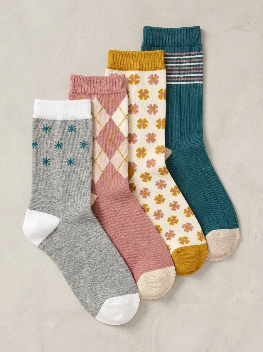 Relaxed Floral Argyle Wardrobe Women's Four Pair Socks