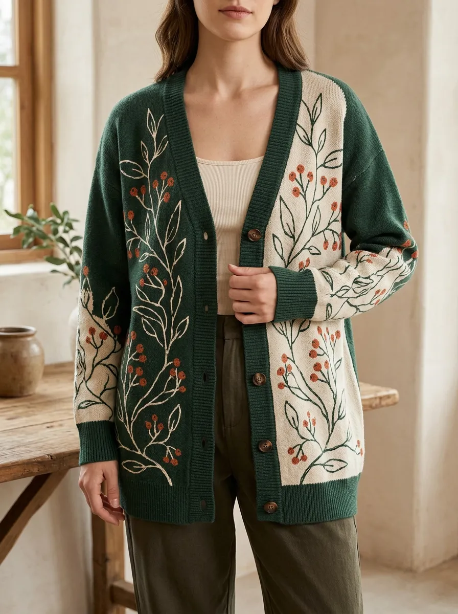 Women's Botanical Nature Lover Berry Branch Printed Cardigan