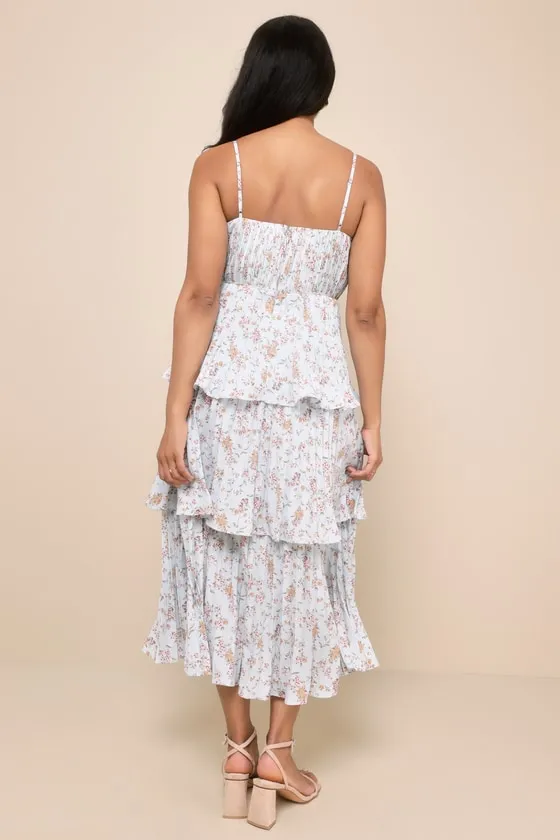 Cascading Crush Light Blue Tiered Bustier Midi Dress