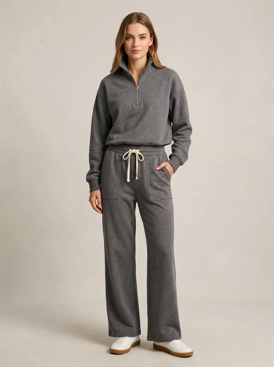 Women's Casual Minimalist Charcoal Quarter-Zip Sweatshirt Lounge Set