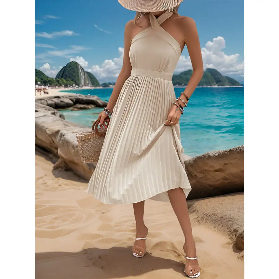 Halter Neck Pleated Midi Dress