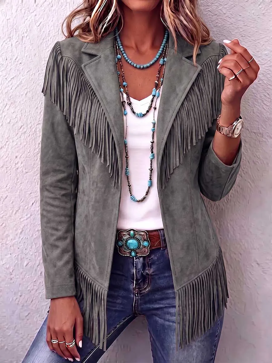 Refined Women S Solid Color Lapel Long-sleeved Casual Loose Tassel Jacket