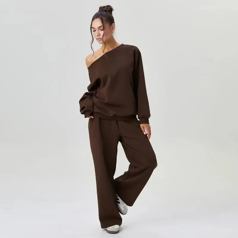 🔥Last Day 89% OFF🔥Women's Leisure Solid Color Sloping Shoulder Long Sleeve Top & Wide Leg Trousers Co-ord