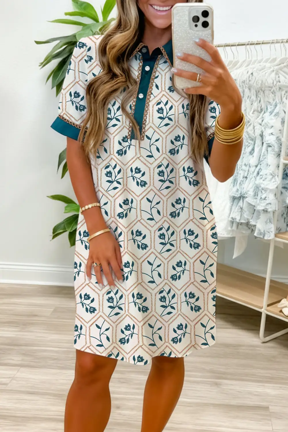 Drape Floral Geometric Print Lace Mini Dress