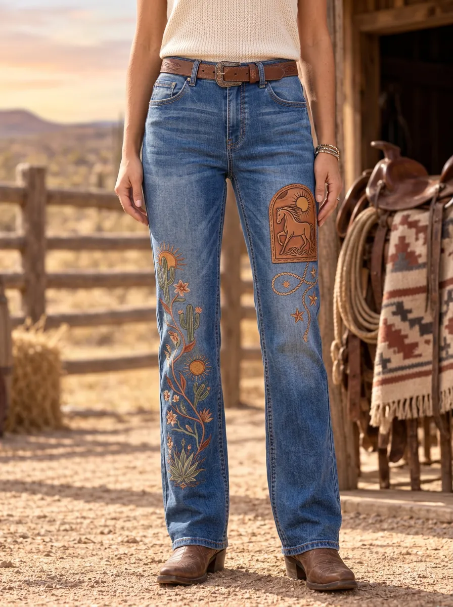 Women's Classic Western Cowboy Horse Cactus Floral Jeans