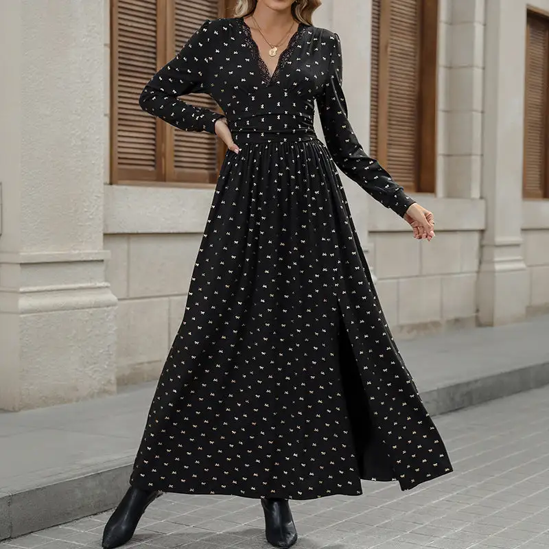 Women's V-Neck Long-Sleeve Lace Ruffled Maxi Dress