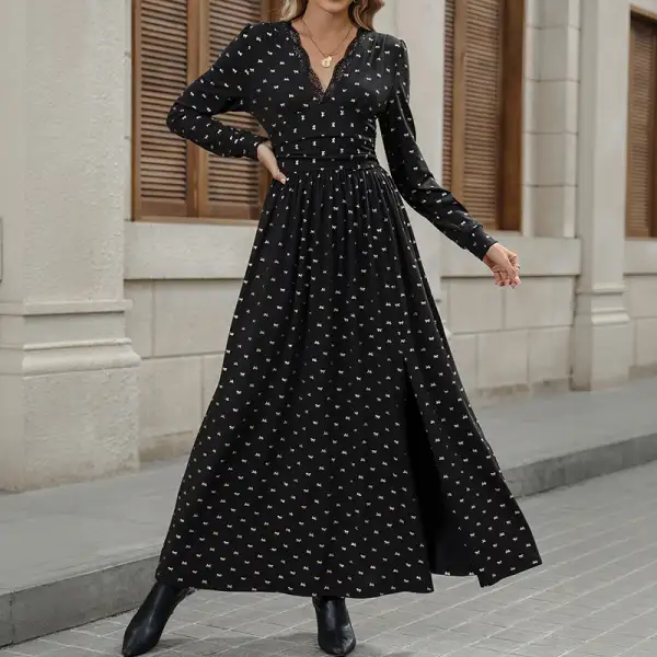 Women's V-Neck Long-Sleeve Lace Ruffled Maxi Dress