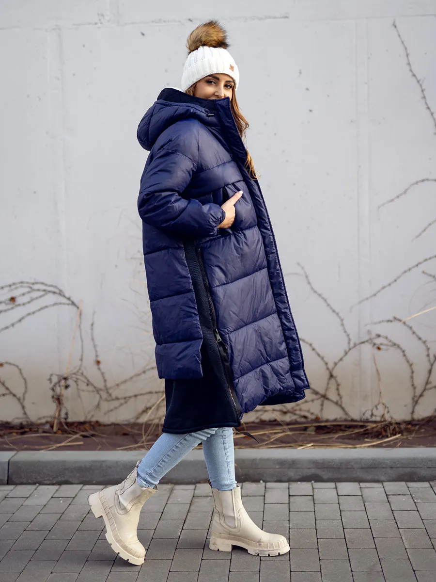 Dark blue women's long winter jacket with hood