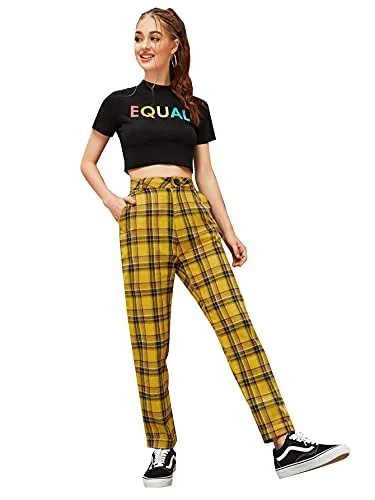 Women's Tartan Plaid Mid Waist Straight Pants