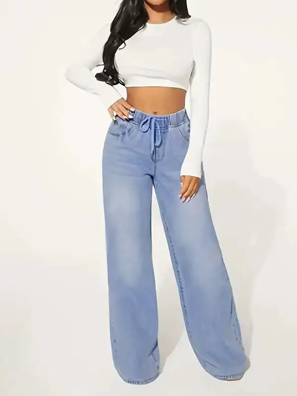 High Waist Relaxed Fit Straight Leg Seamed Drawstring Elastic Waist Jeans