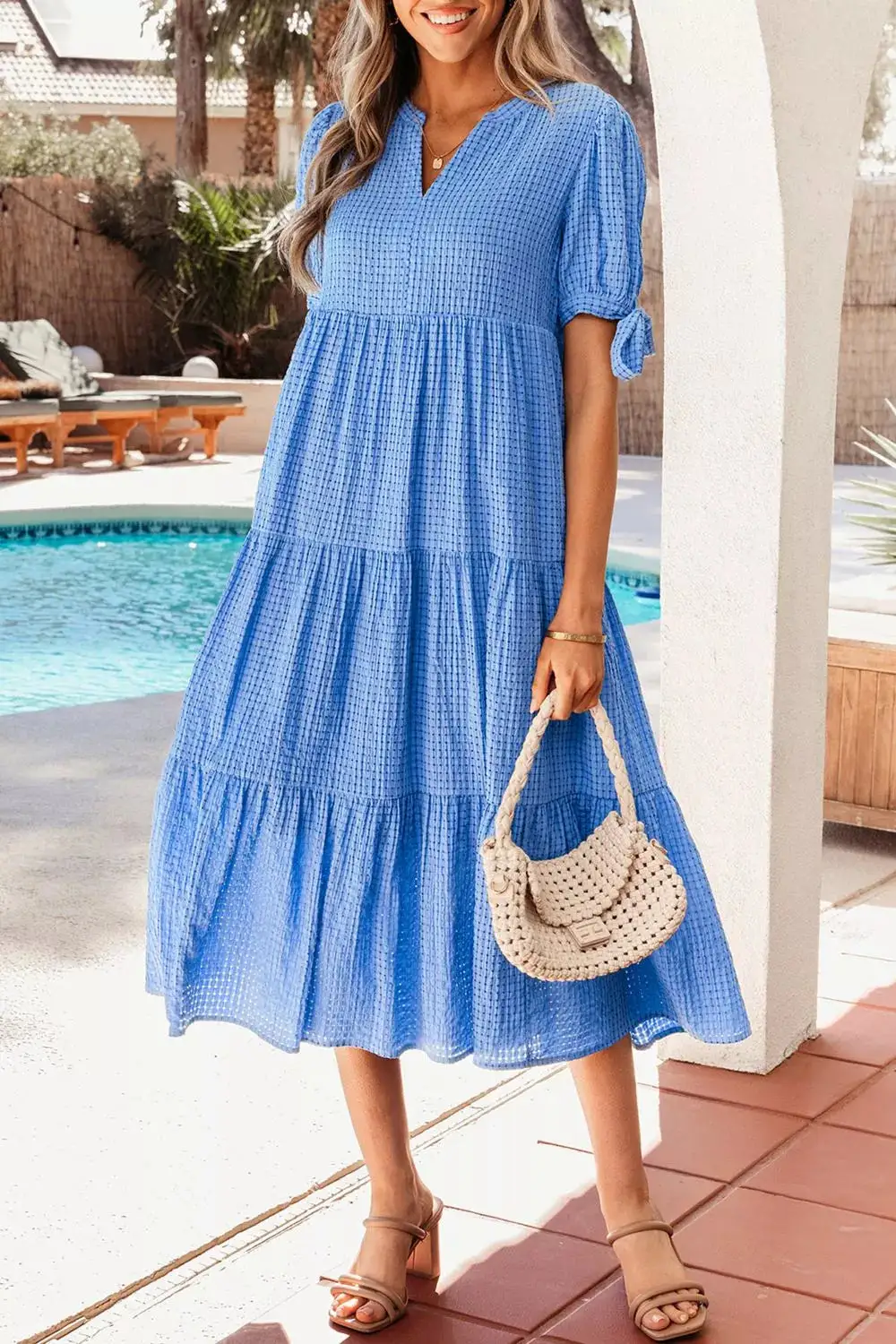 Notched Notched Short Sleeve Tiered Midi Dress