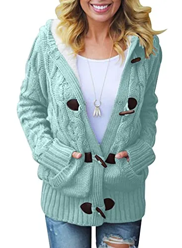 Womens 2025 Winter Hooded Cardigans Button Up Cable Knit Sweater Coat Outerwear with Pockets