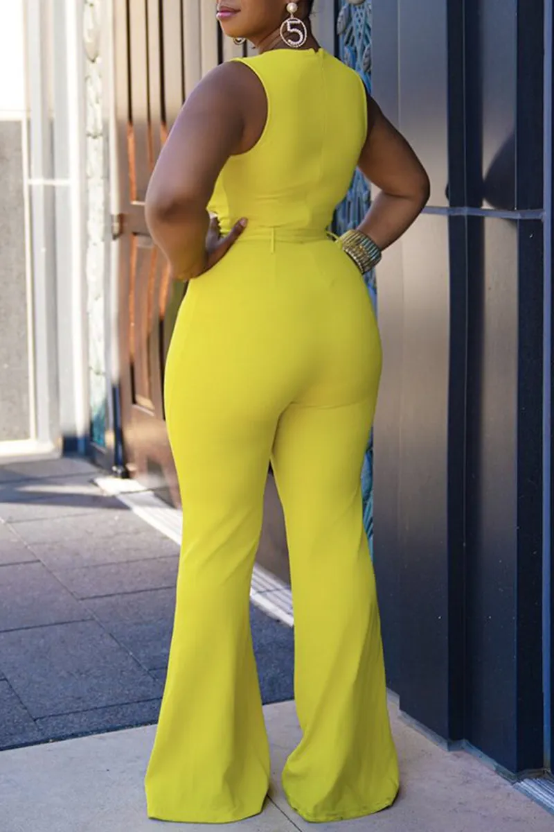 Casual Solid Split Joint V Neck Straight Jumpsuits