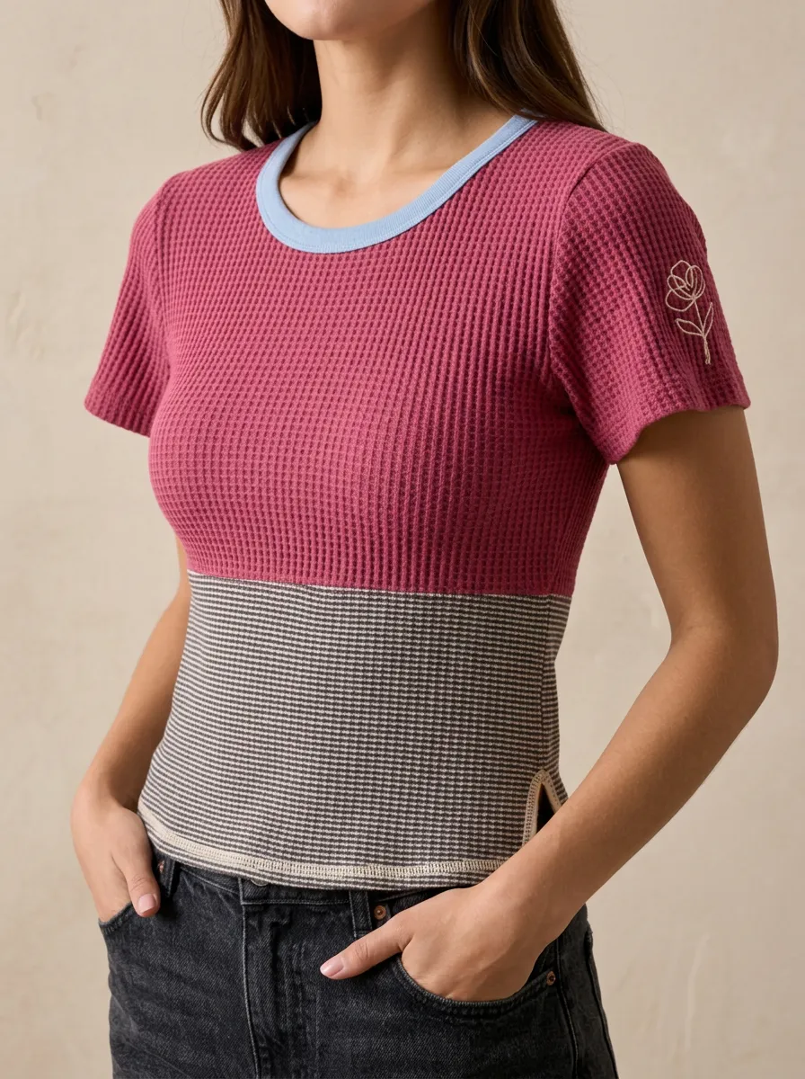 Women's Floral Embroidered Colorblock Waffle Knit Top
