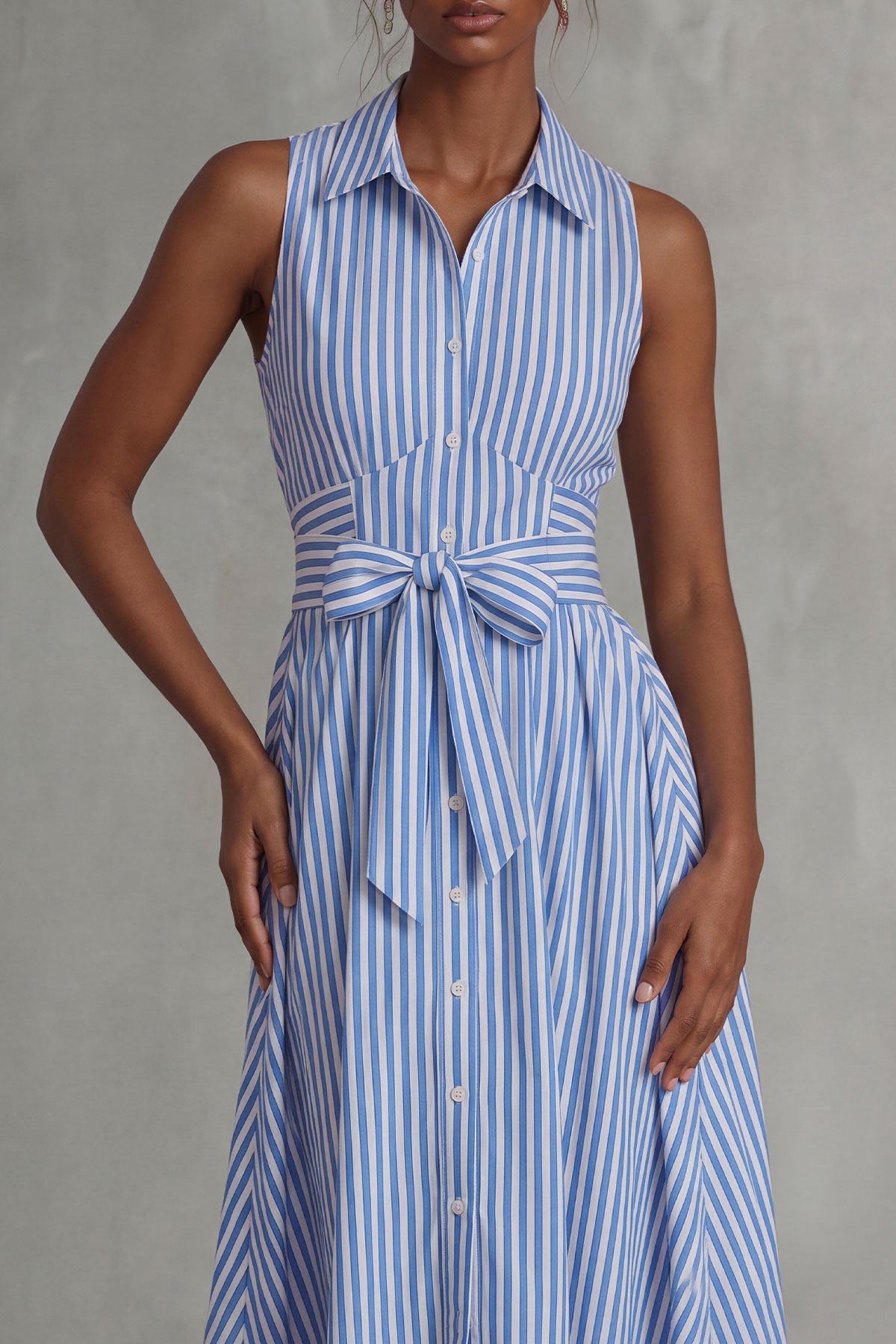 Tie Detail Button Front Striped Midi Dress