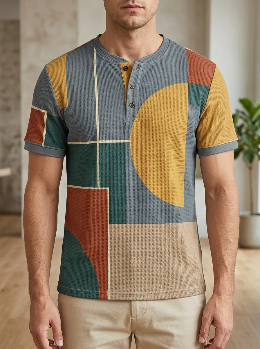 Men's Modern Geometric Abstract Waffle Henley T-Shirt