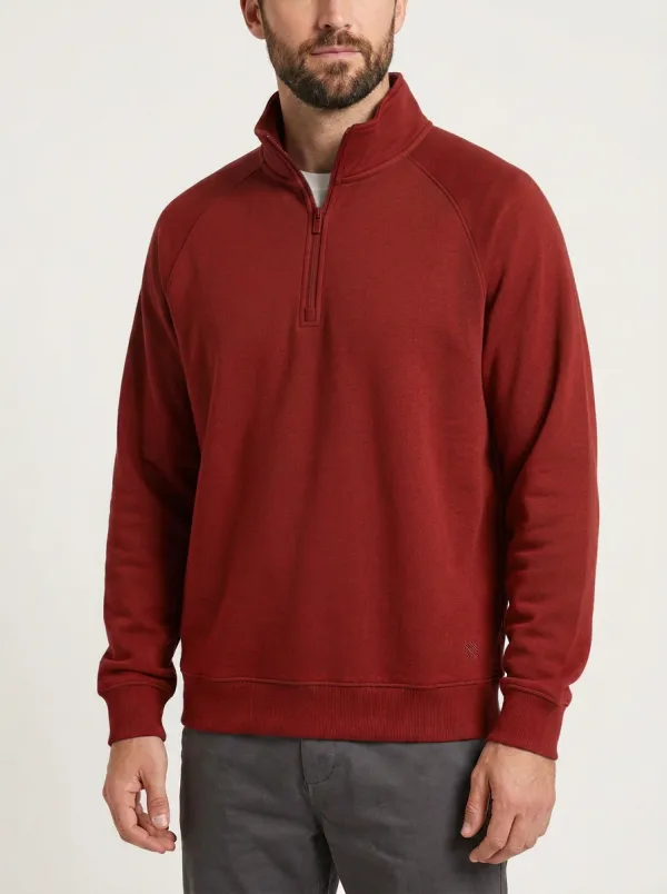 Men's Clean-Line Minimalist Textured Raglan Embroidered Emblem Stand-Collar Quarter-Zip Sweatshirt