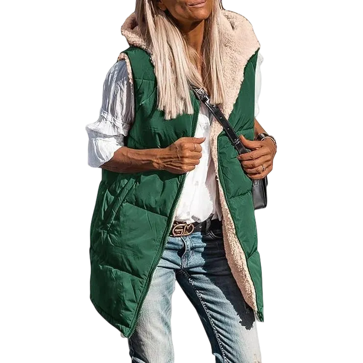 Women's military green double-faced fleece vest with pockets and a hood, long zip-up coat