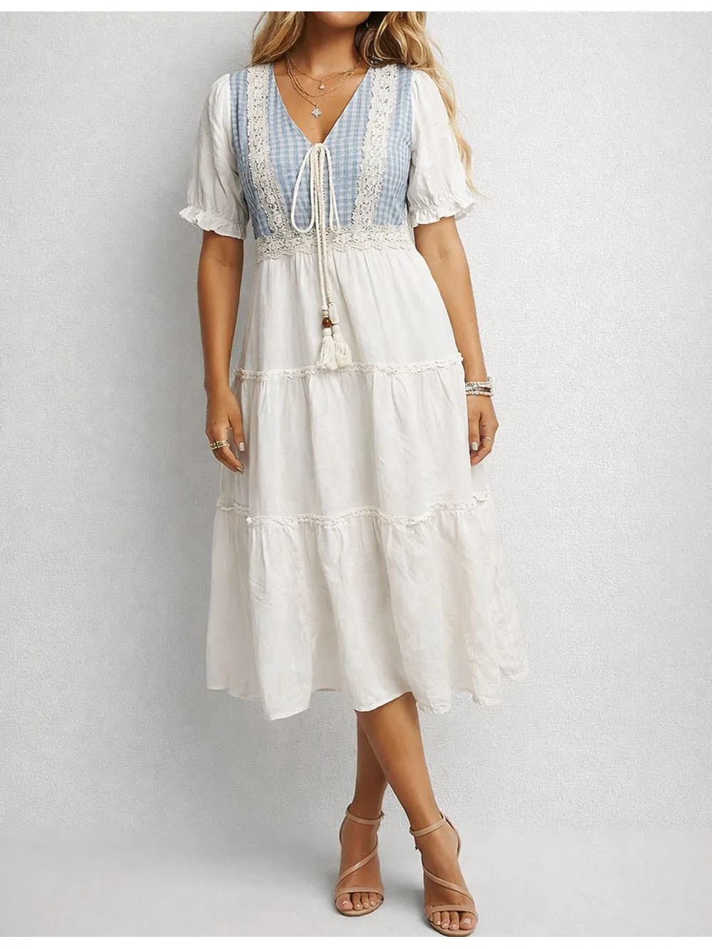 Checked Lace Crochet V Neck Puff Sleeves Tiered Midi Dress