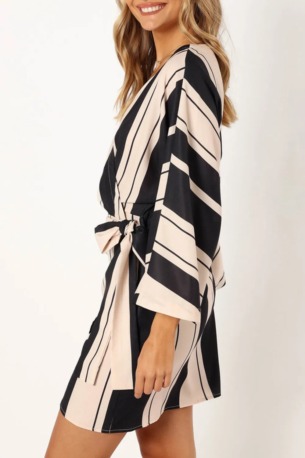 BLACK CREAM WRAP MINI DRESS