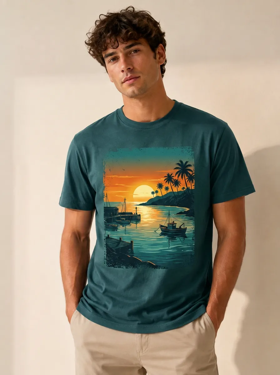 Men's Tropical Beach Sunset Fishing Boat Printed T-shirt