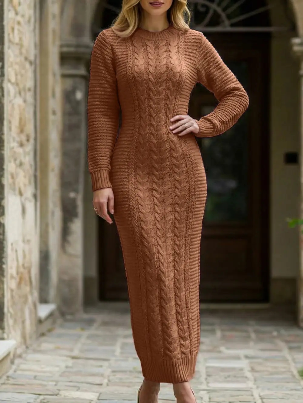 Cable Knit Long-Sleeved Wool Dress