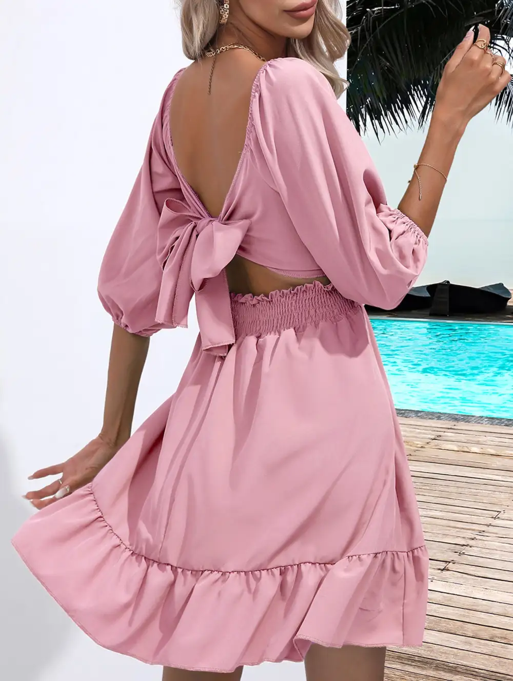 Square Neckline Ruffled Tie Up Short Dress