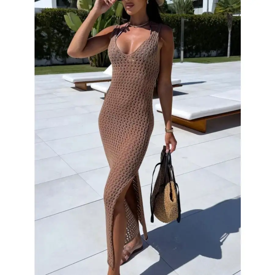 Openwork Slit Sweater Maxi Dress