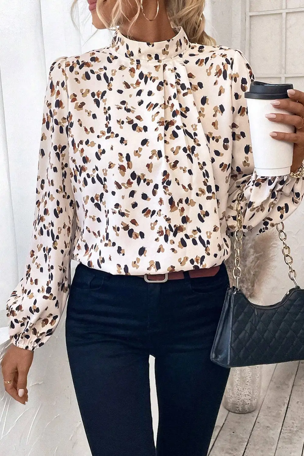 Classic Print Lantern Sleeve Mock Neck Pleated Blouse