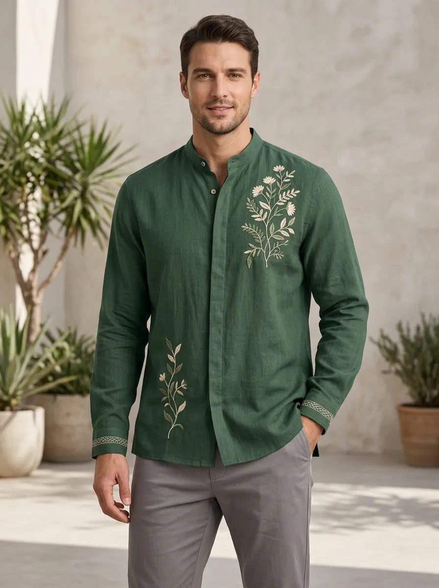 Men's Botanical Embroidered Mandarin Collar Shirt