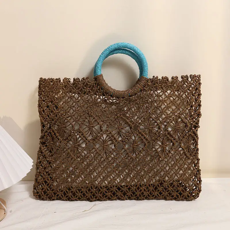 Round Handle Square Woven Straw Bag Hollow Weave Bag