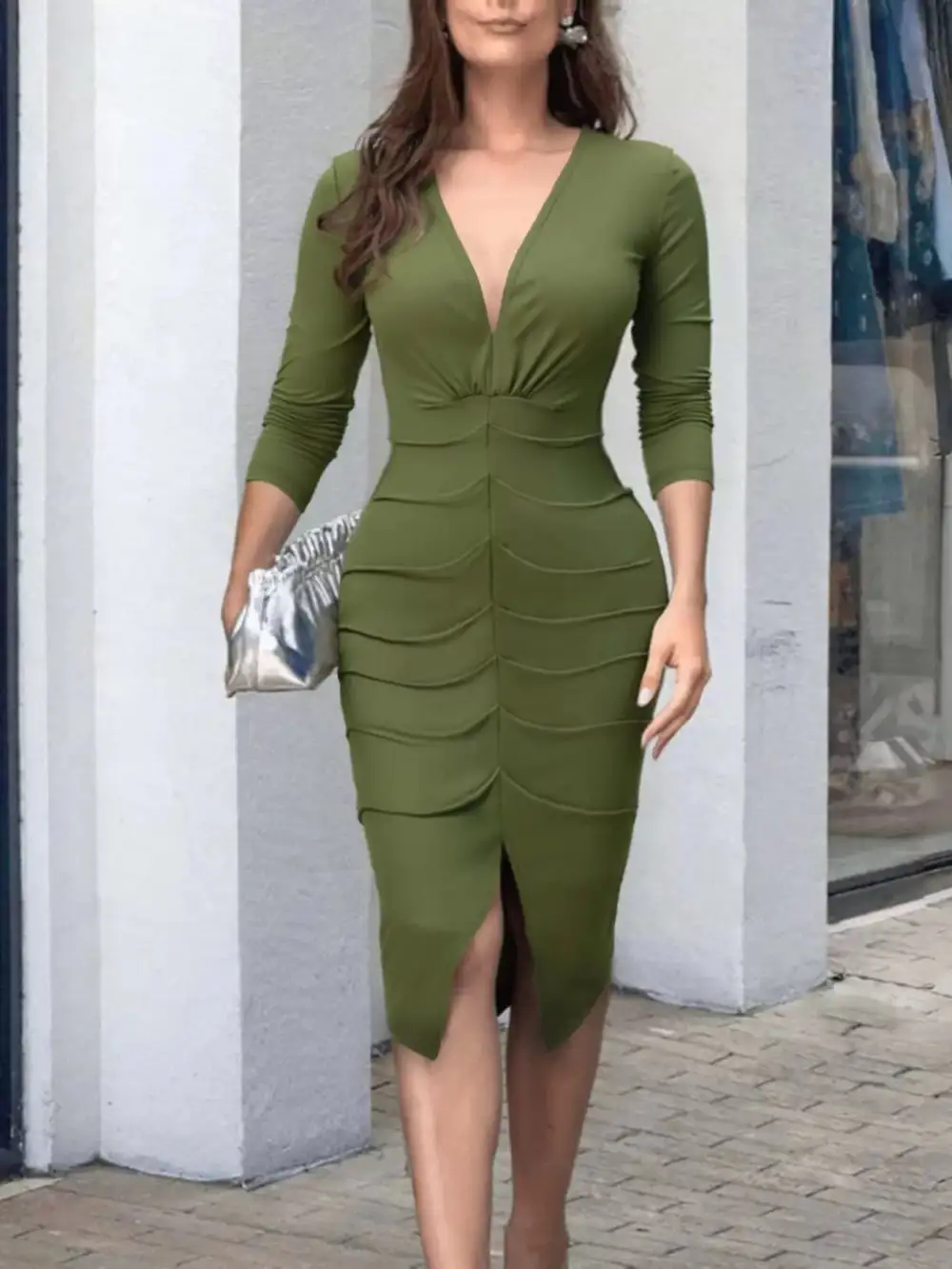 V Neck Ruched Midi Dress