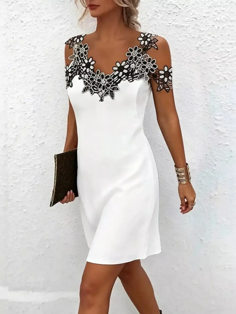 Lace Floral Trim Cold Shoulder Mini Dress