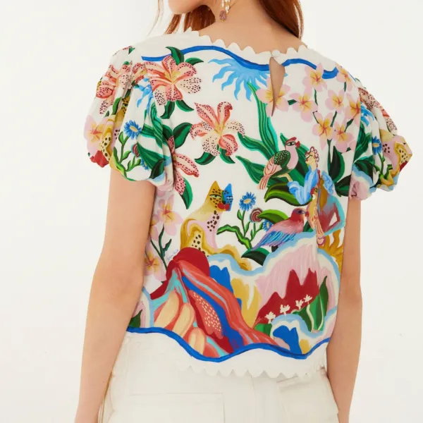 Embroidered Scarf-Detail Short-Sleeve Blouse