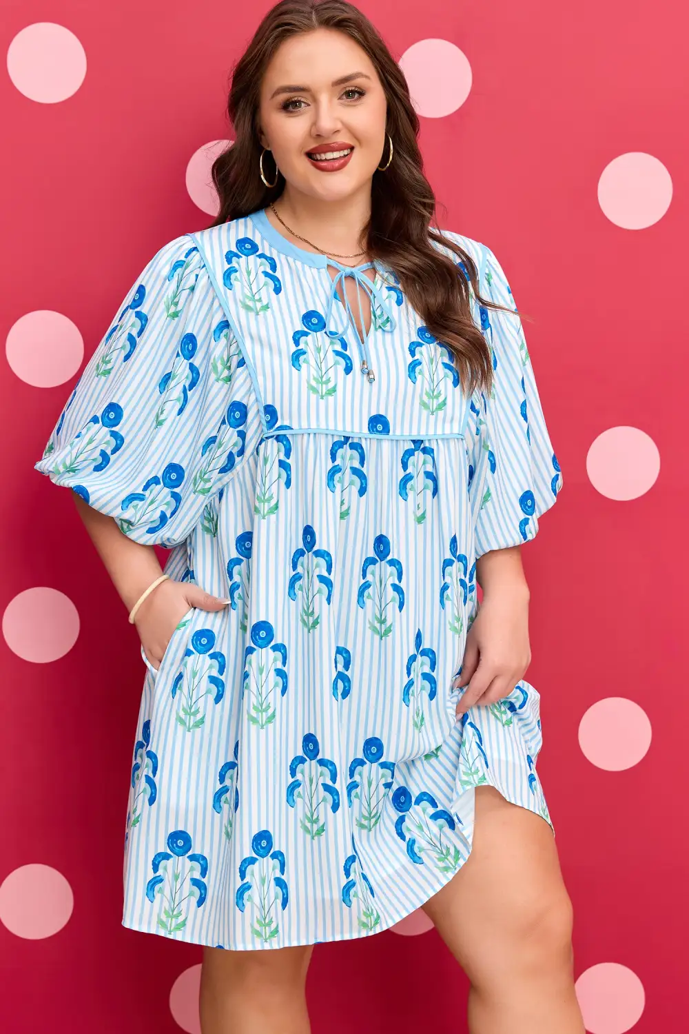 Floral Striped Short Sleeve Dress Casual